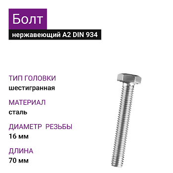 Болт с полной резьбой нержав. А2 М16х70 DIN933